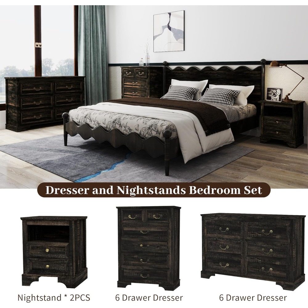 Rustic 3-Piece Bedroom Furniture Set with Wooden 6-Drawer Dresser and Matching Nightstands - Image 4