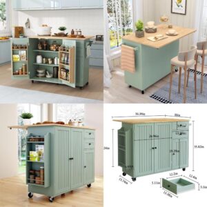 Sage Green Kitchen Island with Storage and Drop-Leaf Countertop on Wheels
