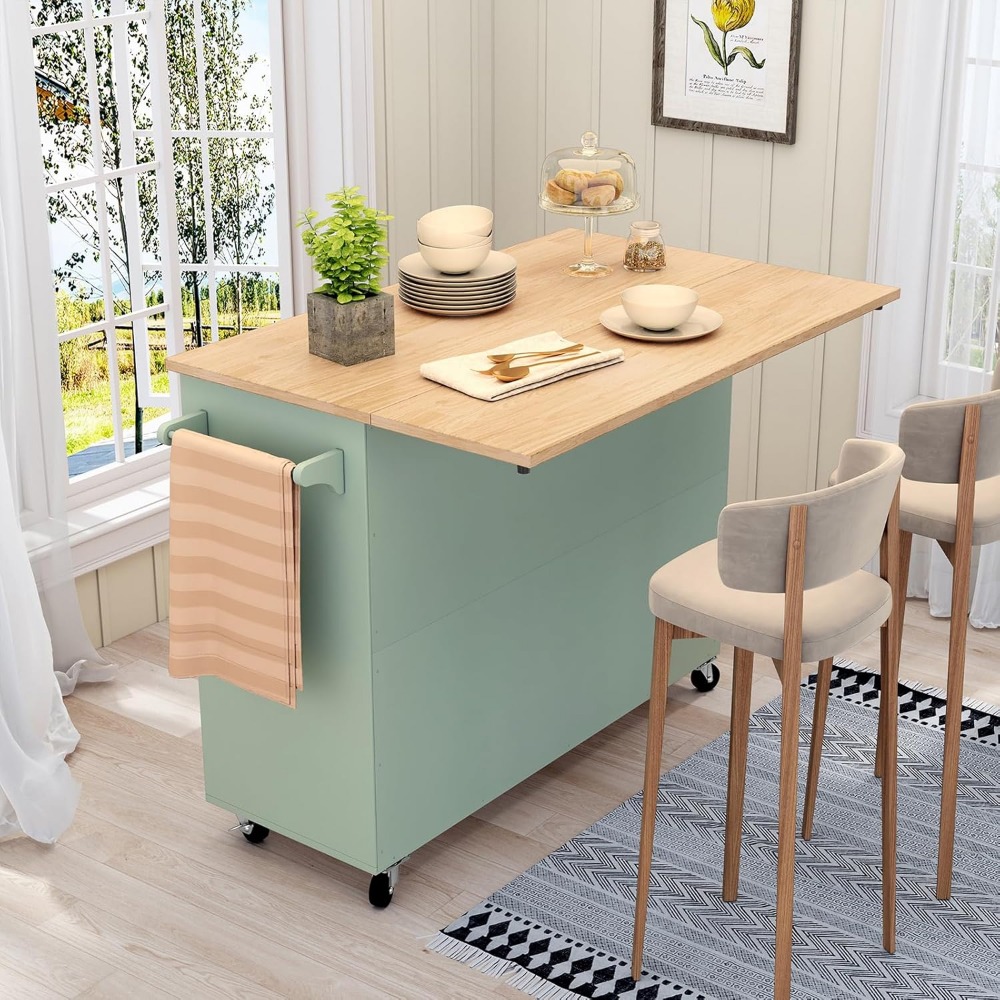 Sage Green Kitchen Island with Storage and Drop-Leaf Countertop on Wheels - Image 3