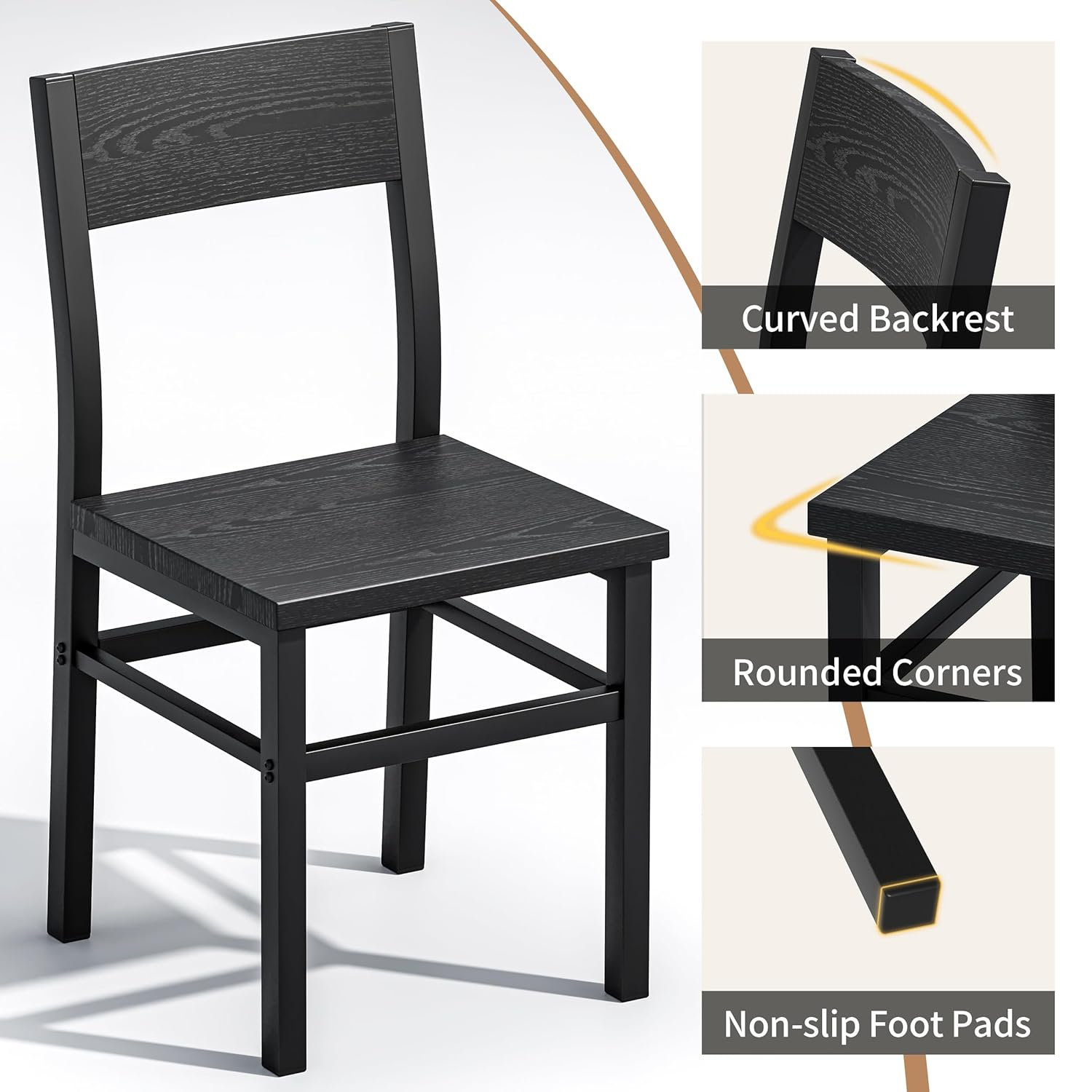 Rustic Wood Dining Chairs Set 6 Thickened Steel Frame Slat Back Kitchen Dining Room Dark Black Customized - Image 4