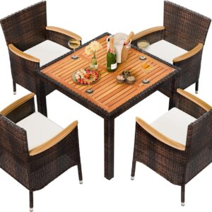 5-Piece Patio Dining Set with Wicker Chairs, Soft Cushions, and Wood Table Top for Backyard, Deck, Garden in Brown Rattan