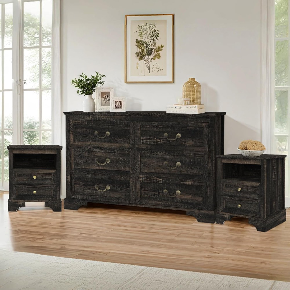 Rustic 3-Piece Bedroom Furniture Set with Wooden 6-Drawer Dresser and Matching Nightstands - Image 3