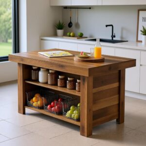 Rustic Brown 3-Tier Farmhouse Kitchen Island with 55 Worktop and Storage Shelf