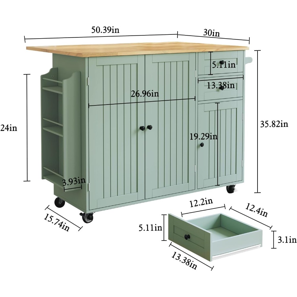 Sage Green Kitchen Island with Storage and Drop-Leaf Countertop on Wheels - Image 6