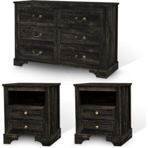 Rustic 3-Piece Bedroom Furniture Set with Wooden 6-Drawer Dresser and Matching Nightstands