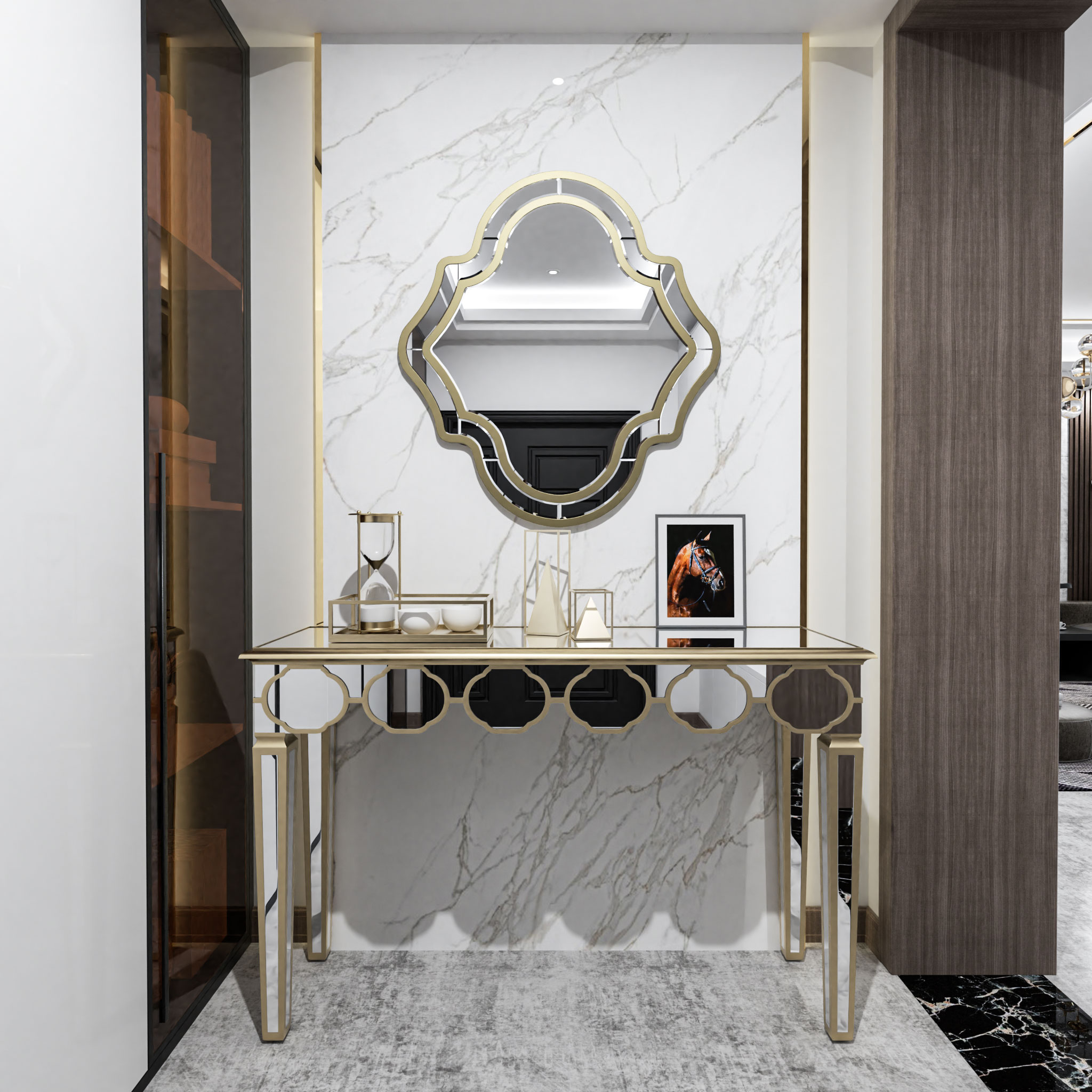 Mirrored Console Table:Modern Rectangular Silver Mirrored Entryway Table with Gold Rim Decorative Sofa Table 4 Legs for Hallway - Image 3