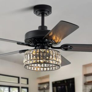 52'' Rustic Crystal Ceiling Fan with Integrated Light and Remote Control Featuring 6 Speed Settings 5 Double Finish Wood Blades