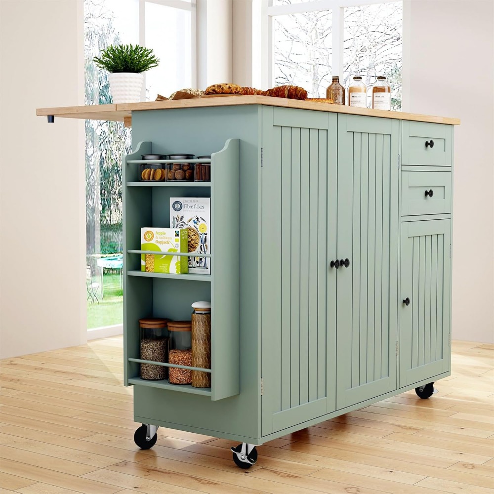 Sage Green Kitchen Island with Storage and Drop-Leaf Countertop on Wheels - Image 4