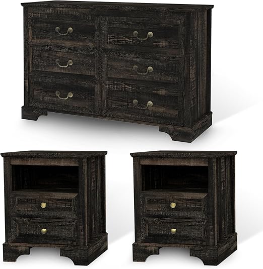 Rustic 3-Piece Bedroom Furniture Set with Wooden 6-Drawer Dresser and Matching Nightstands - Image 6