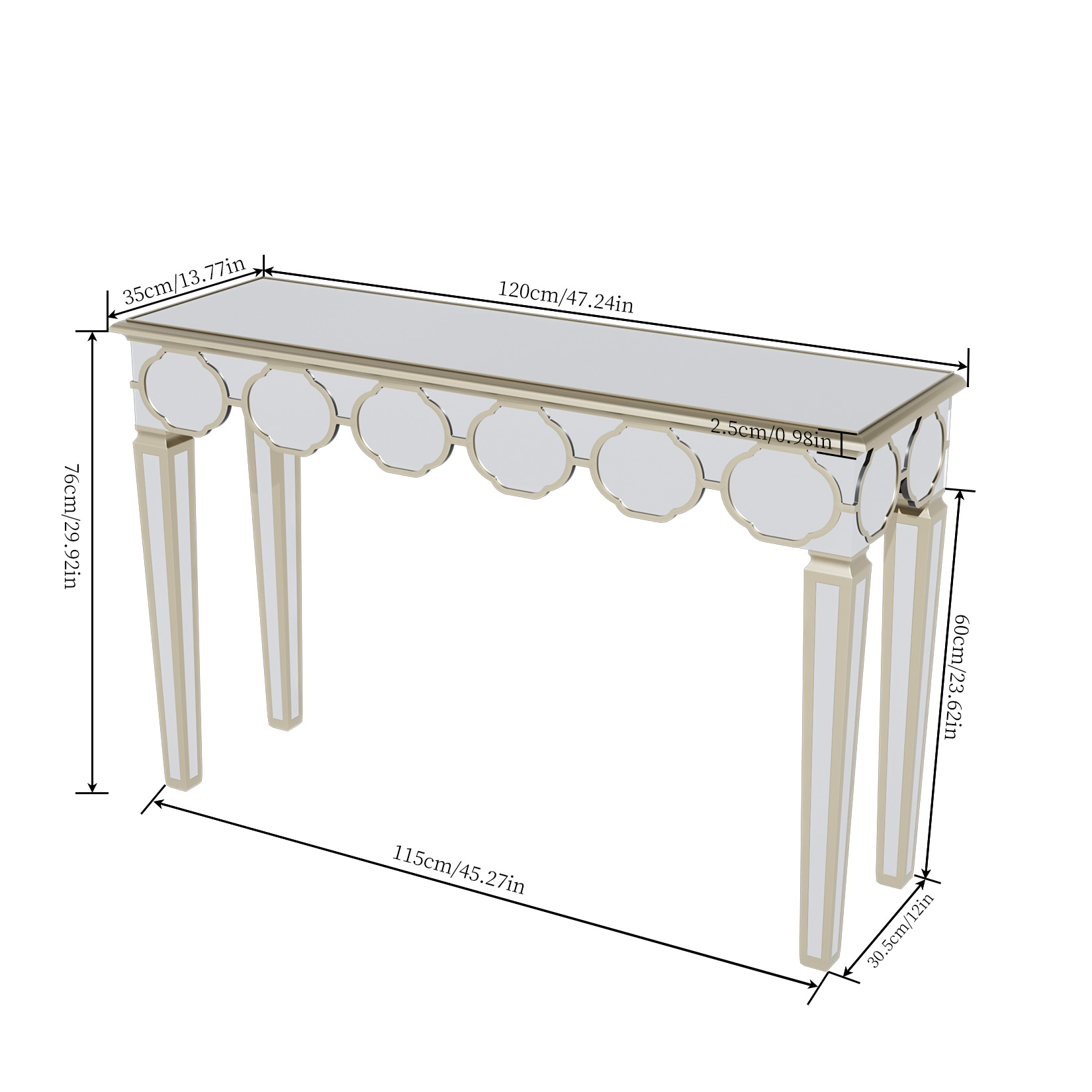 Mirrored Console Table:Modern Rectangular Silver Mirrored Entryway Table with Gold Rim Decorative Sofa Table 4 Legs for Hallway - Image 5