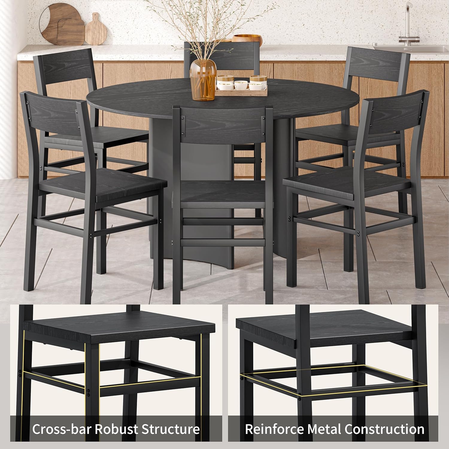 Rustic Wood Dining Chairs Set 6 Thickened Steel Frame Slat Back Kitchen Dining Room Dark Black Customized - Image 3