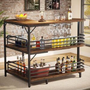 L-Shaped Home Bar Unit, 3 Tier Liquor Bar Table with Storage Shelves and Wine Glasses Holder for Home Kitchen Pub, Rustic Brown