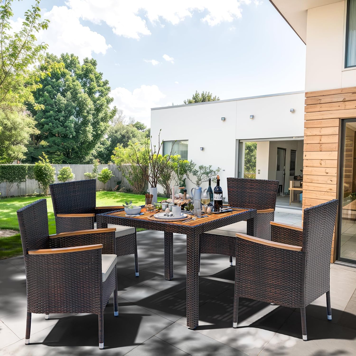 5-Piece Patio Dining Set with Wicker Chairs, Soft Cushions, and Wood Table Top for Backyard, Deck, Garden in Brown Rattan - Image 5