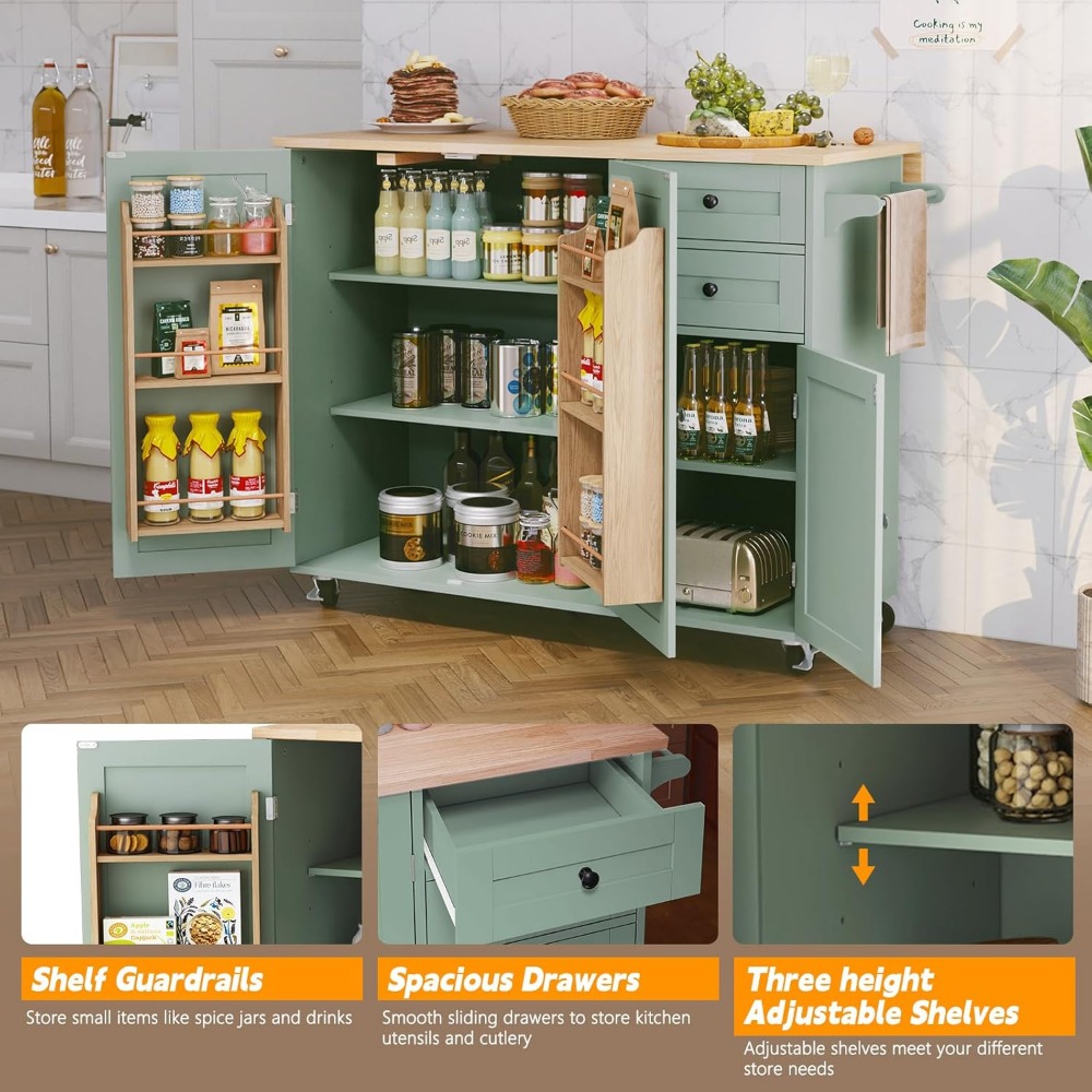 Sage Green Kitchen Island with Storage and Drop-Leaf Countertop on Wheels - Image 5