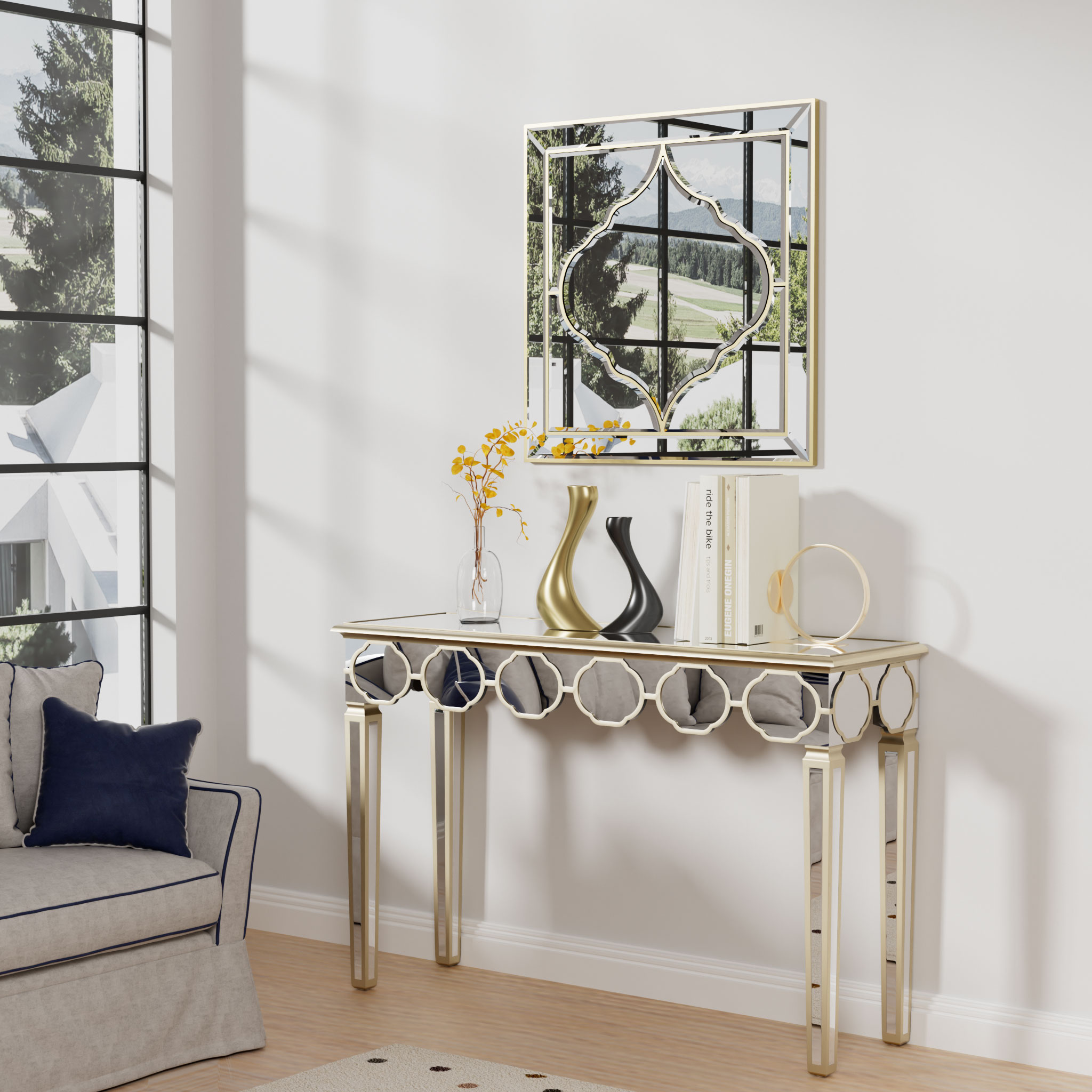 Mirrored Console Table:Modern Rectangular Silver Mirrored Entryway Table with Gold Rim Decorative Sofa Table 4 Legs for Hallway - Image 4