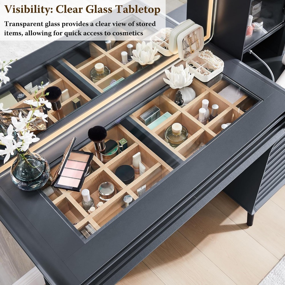 Mid Century Modern 48 Glass Top Vanity Desk with 5 Drawers, Large 35 HD Lighted Mirror, Fluted Makeup Vanity Desk - Image 4