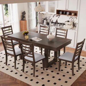 7-Pc Farmhouse Extendable Dining Set, 78" Rustic Table with 18" Leaf & 6 Upholstered Chairs, Expanding Kitchen Dining Room