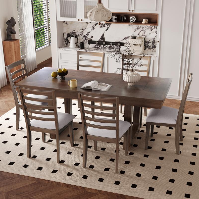 7-Pc Farmhouse Extendable Dining Set, 78" Rustic Table with 18" Leaf & 6 Upholstered Chairs, Expanding Kitchen Dining Room - Image 3