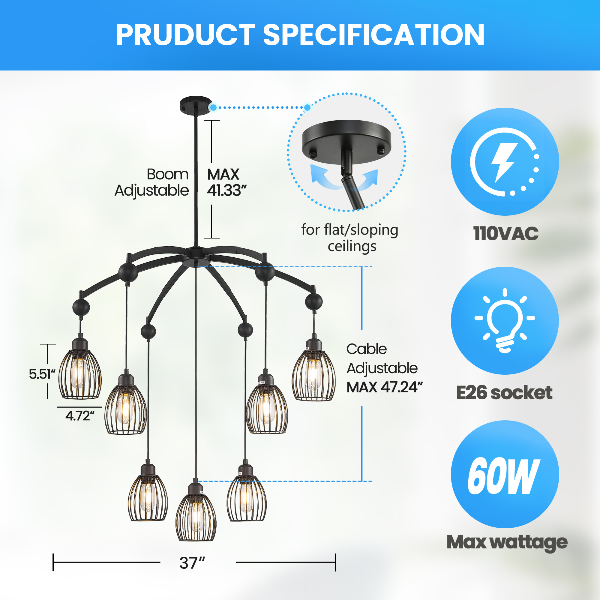 Modern Contemporary Lighting Industrial Adjustable Farmhouse Chandelier Unique Metal Cage with Black Rope Pendant Light Fixture - Image 3