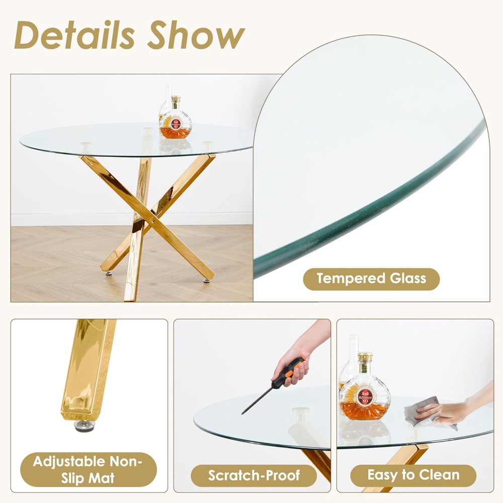 Mid-Century Modern 47 Round Glass Dining Table with 4 Chairs Set - Image 6