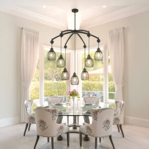 Modern Contemporary Lighting Industrial Adjustable Farmhouse Chandelier Unique Metal Cage with Black Rope Pendant Light Fixture