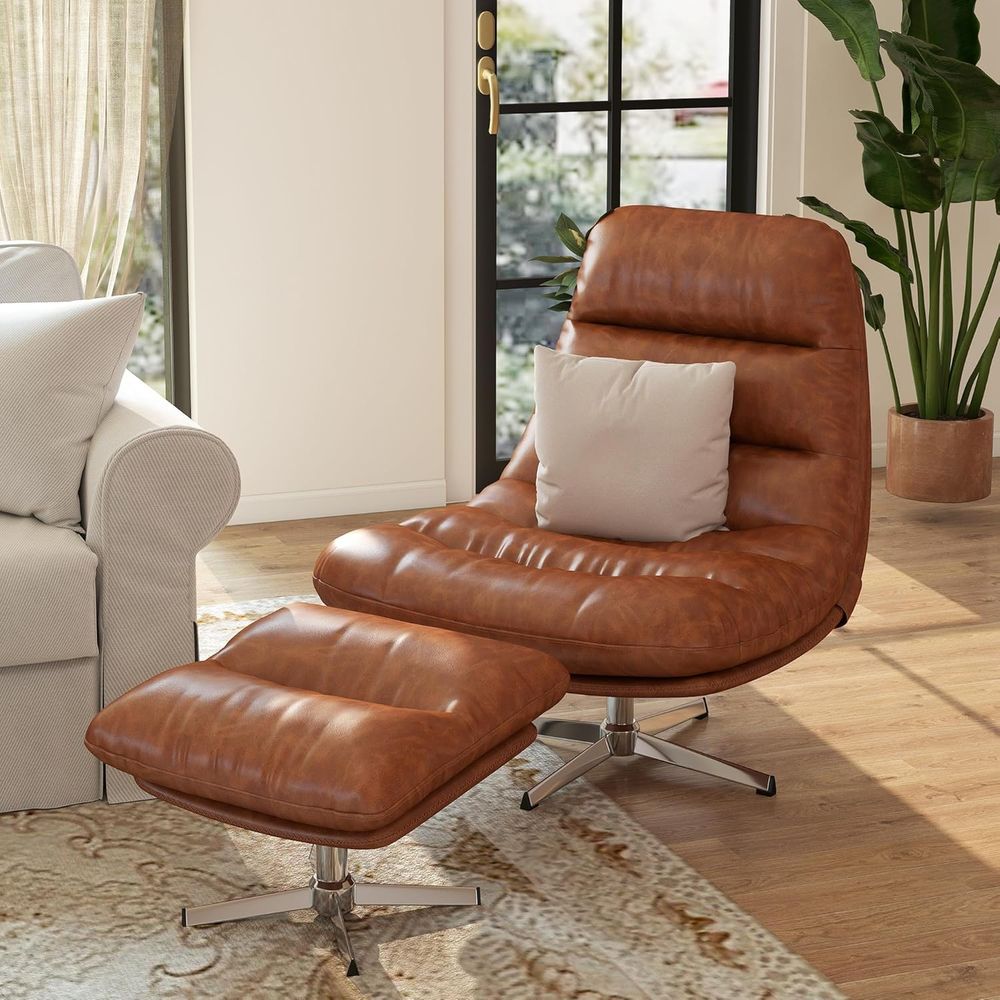 Leather Chair and Ottoman – Oversized Swivel Lounge Chair with Footrest - Image 5