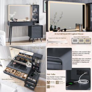 Mid Century Modern 48 Glass Top Vanity Desk with 5 Drawers, Large 35 HD Lighted Mirror, Fluted Makeup Vanity Desk