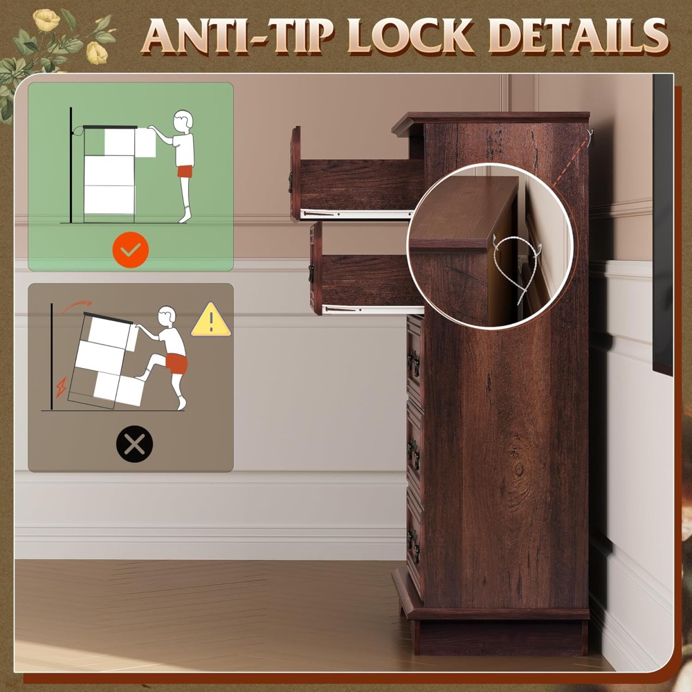 Farmhouse Dresser for Bedroom, Tall Wood Dresser with 5 Drawer, Chest of Drawers with Roman Metal Handle for Living Room - Image 5