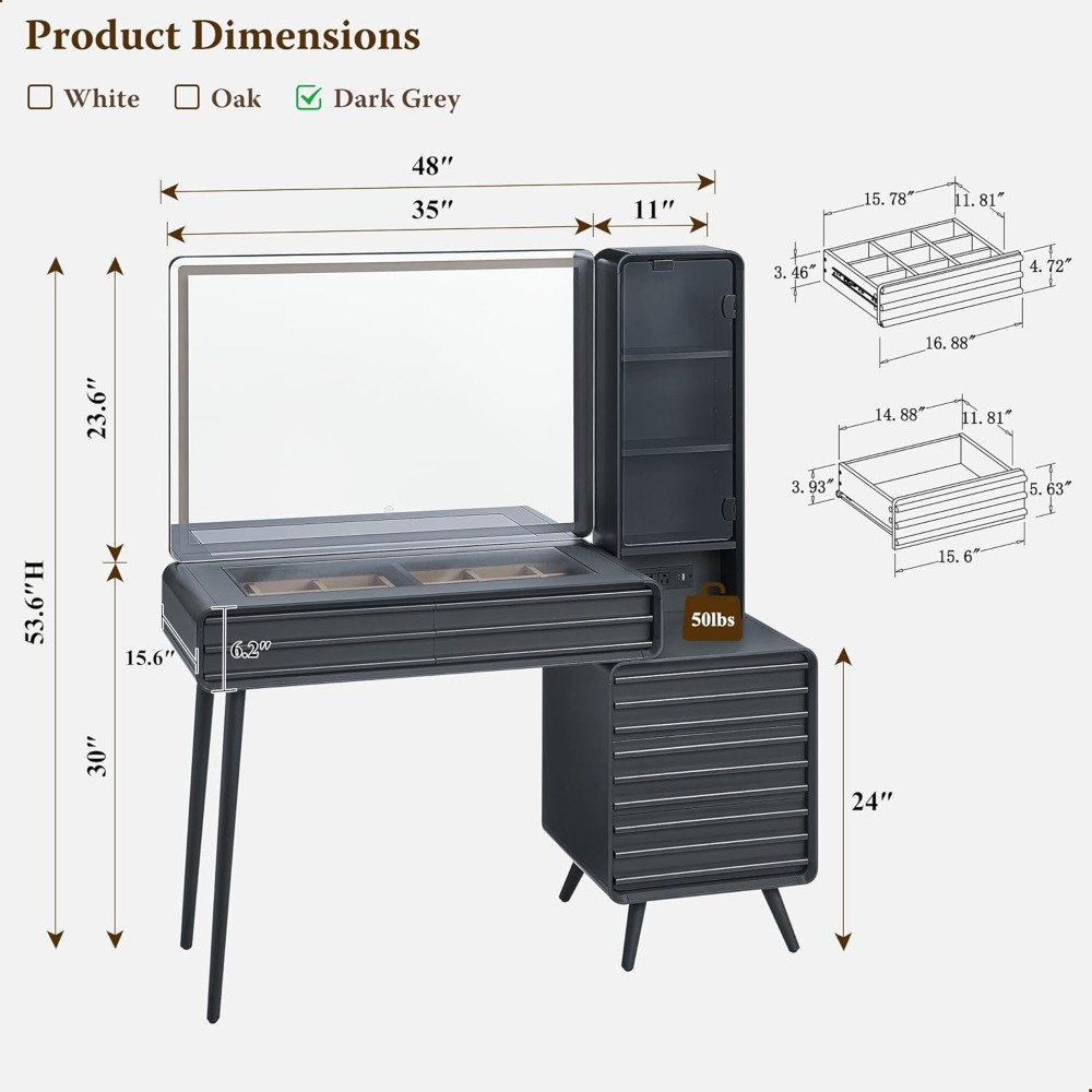 Mid Century Modern 48 Glass Top Vanity Desk with 5 Drawers, Large 35 HD Lighted Mirror, Fluted Makeup Vanity Desk - Image 6