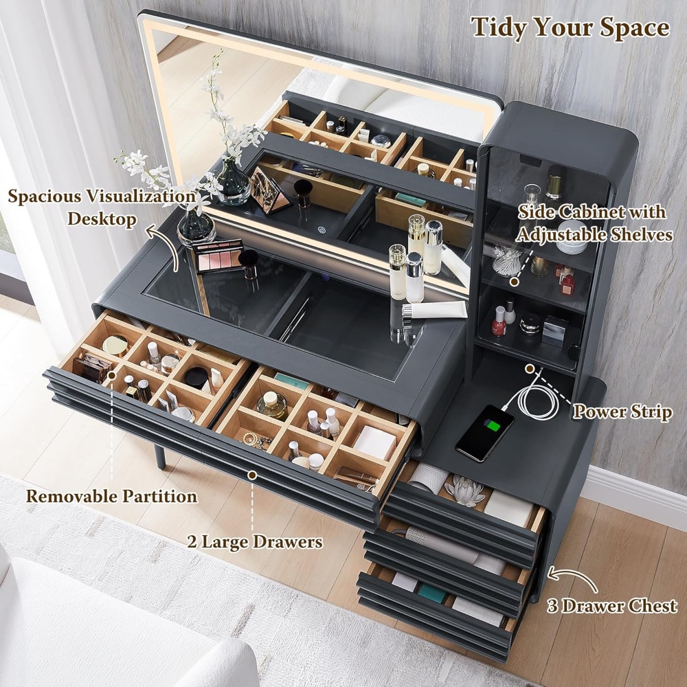 Mid Century Modern 48 Glass Top Vanity Desk with 5 Drawers, Large 35 HD Lighted Mirror, Fluted Makeup Vanity Desk - Image 3