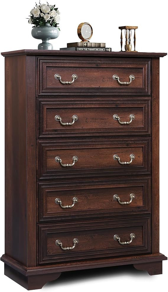 Farmhouse Dresser for Bedroom, Tall Wood Dresser with 5 Drawer, Chest of Drawers with Roman Metal Handle for Living Room - Image 6