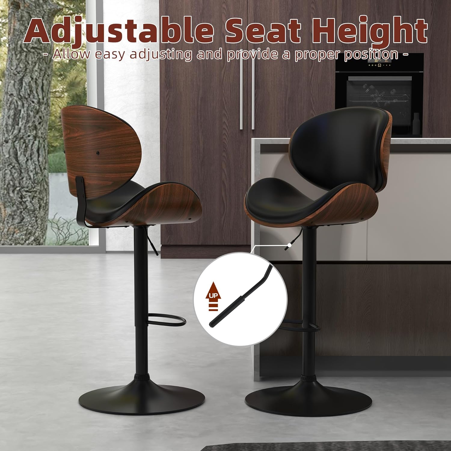Bar Stools Set of 2 for Kitchen Counter, Adjustable Bar Height Chairs, Modern Swivel Barstools with Bentwood Seat, Customized - Image 3