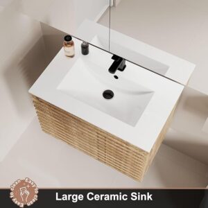 24" 30" 36" Mid-Century Wall Mounted Big Drawer Cabinet Wood Stripes Style Floating Bathroom Vanity with Ceramic Sink