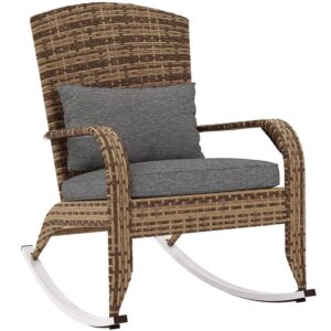 Outdoor Wicker Adirondack Rocking Chair, Patio Rattan Rocker Chair with High Back, Seat Cushion, and Pillow for Garden, Porch, B