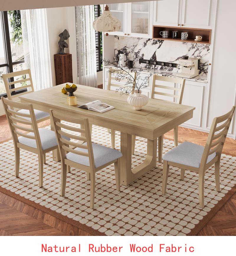 7-Pc Farmhouse Extendable Dining Set, 78" Rustic Table with 18" Leaf & 6 Upholstered Chairs, Expanding Kitchen Dining Room - Image 6
