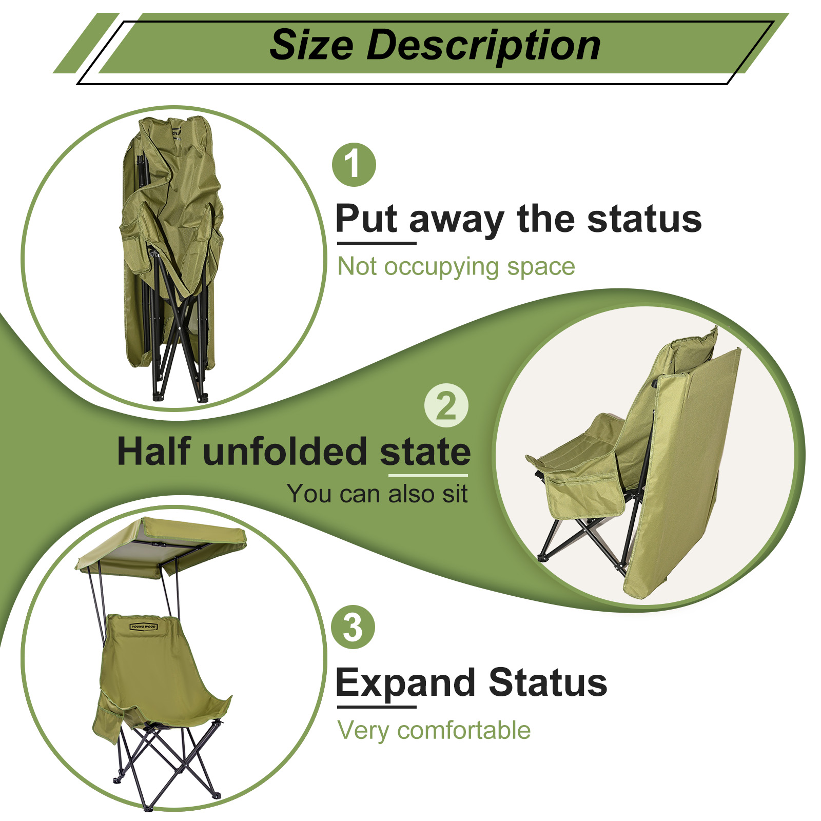 YOUNG WOOD Portable Camping Chair Beach Chair with Shade Canopy, Fold Lightweight Oversized for All, Easy to Open and Close - Image 3