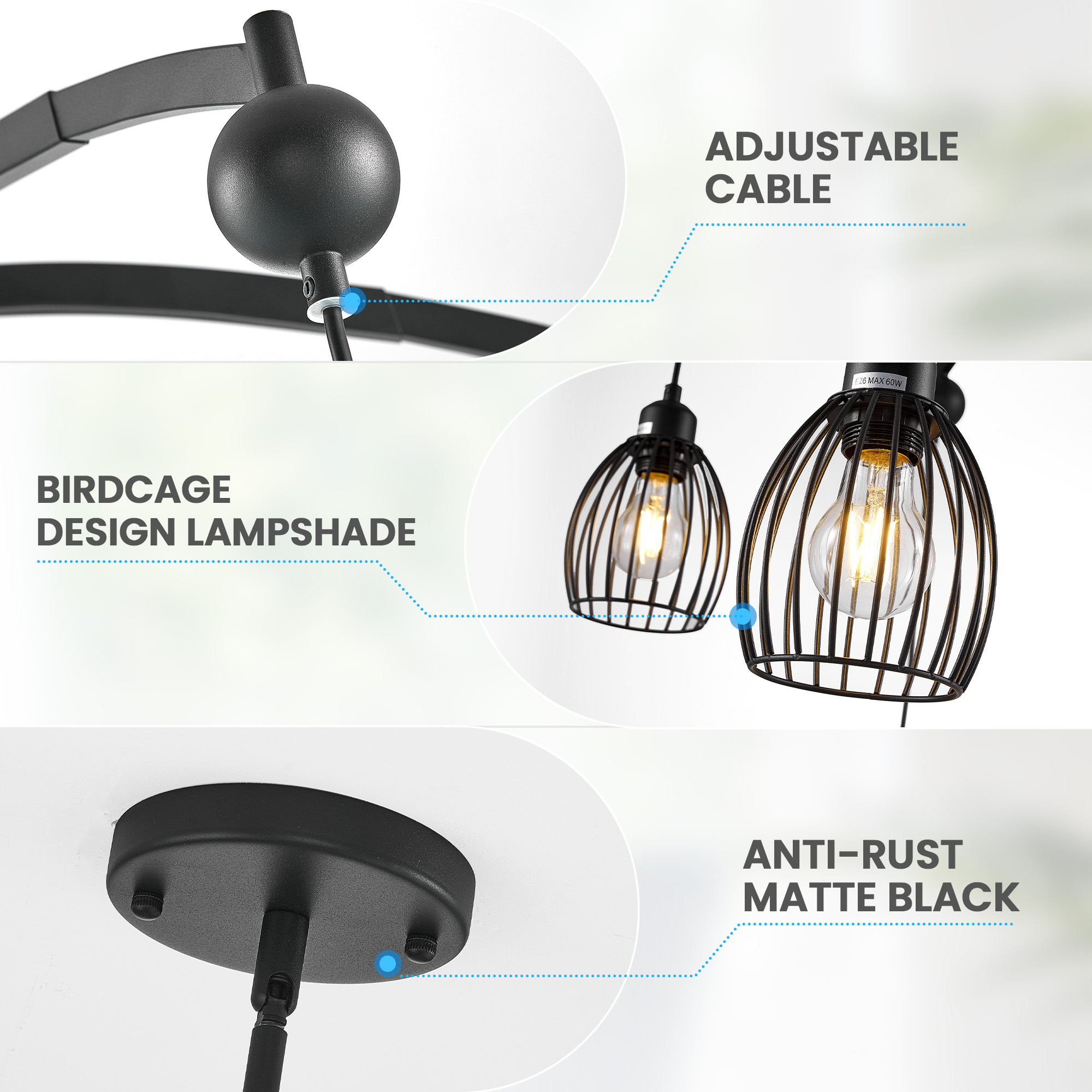 Modern Contemporary Lighting Industrial Adjustable Farmhouse Chandelier Unique Metal Cage with Black Rope Pendant Light Fixture - Image 5