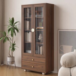 Solid Wood Bookcases with Doors – Nordic Minimalist Bookshelf with Glass Doors & Multi-Layer Storage