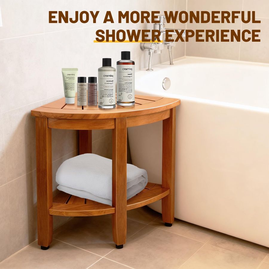 Teak Shower Stool – Solid Teak Corner Shower Bench with Shelf - Image 4
