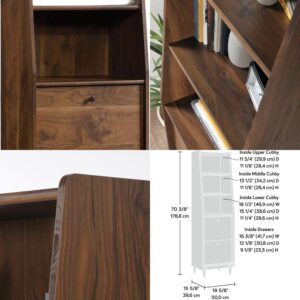 Mahogany Wood Bookcase – Mid-Century Modern Tall Narrow Bookcase with Drawers in Grand Walnut Finish