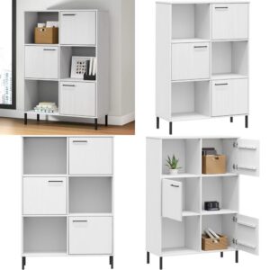 White Solid Wood Bookcase : Rustic Pine Wooden Bookshelf with 6 Shelves, Metal Legs & Wall Safety Mount