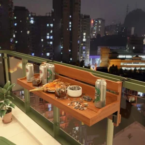 Patio Console Table – Foldable Wooden Balcony Railing Hanging Table for Outdoor Spaces