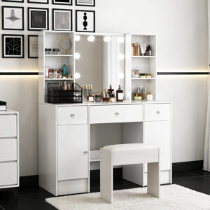Mid Century Modern Vanity with LED Mirror : White Smart Makeup Desk with Storage & Stool