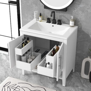 30-Inch Bathroom Vanity with Sink : Modern White Freestanding Cabinet with Drawers and Doors