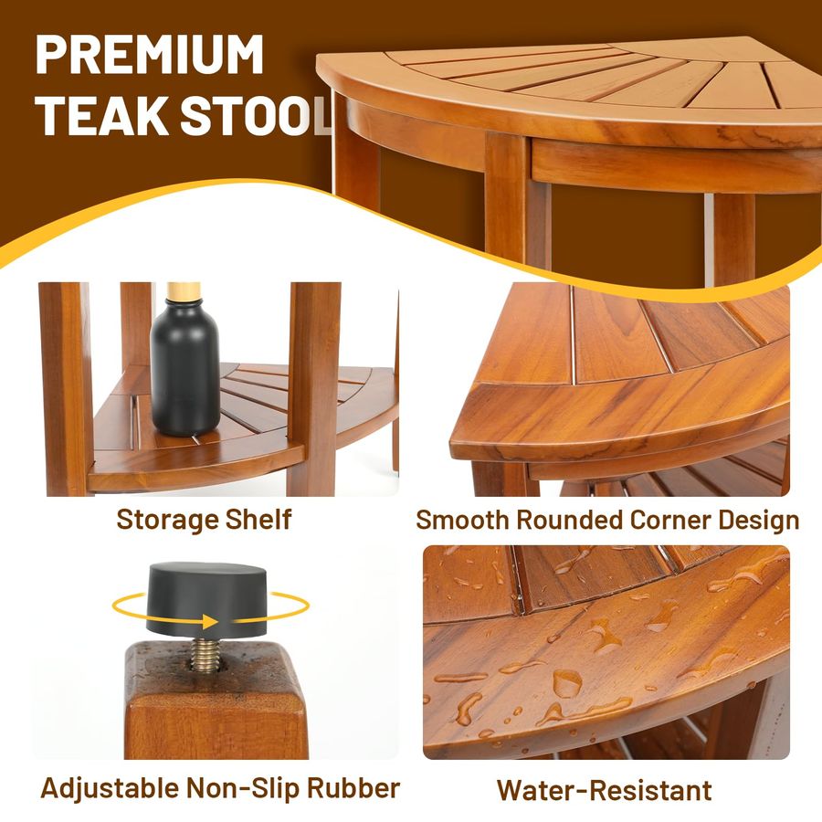 Teak Shower Stool – Solid Teak Corner Shower Bench with Shelf - Image 6