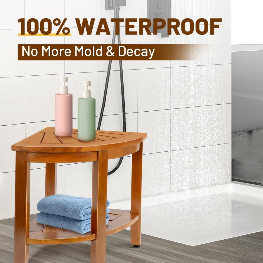 Teak Shower Stool – Solid Teak Corner Shower Bench with Shelf - Image 5