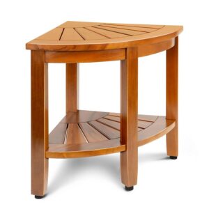 Teak Shower Stool – Solid Teak Corner Shower Bench with Shelf