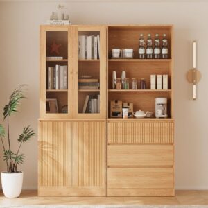 Solid Wood Bookcase with Drawers – 71" Tall Storage Cabinet with Glass Doors