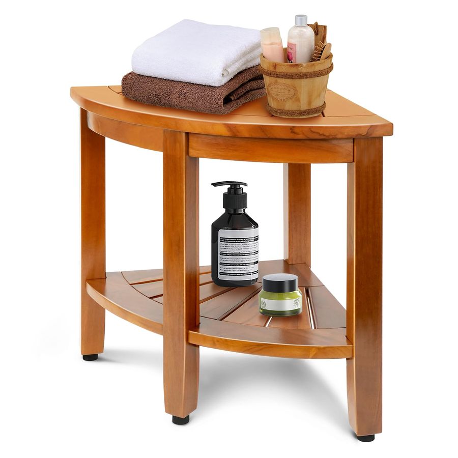 Teak Shower Stool – Solid Teak Corner Shower Bench with Shelf - Image 3