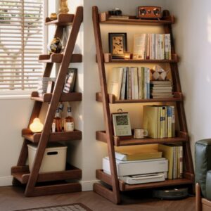 Antique Wooden Bookcase – Vintage Walnut Solid Wood 5-Tier Floor Standing Display Rack